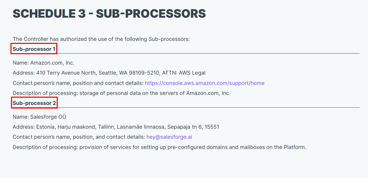List of sub-processors in the DPA for GPPR compiance - Snov.io