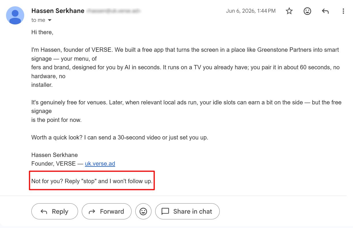 Opt-out mechanism for GDPR cold email - Reply stop example