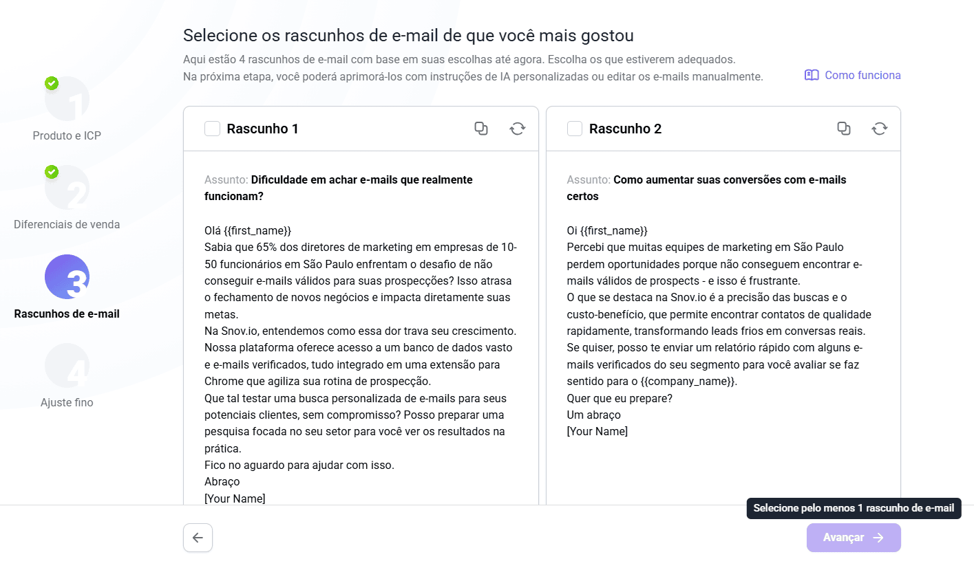 captura de tela mostrando um e-mai gerado pelo Redator de E-mails com IA da Snov.io