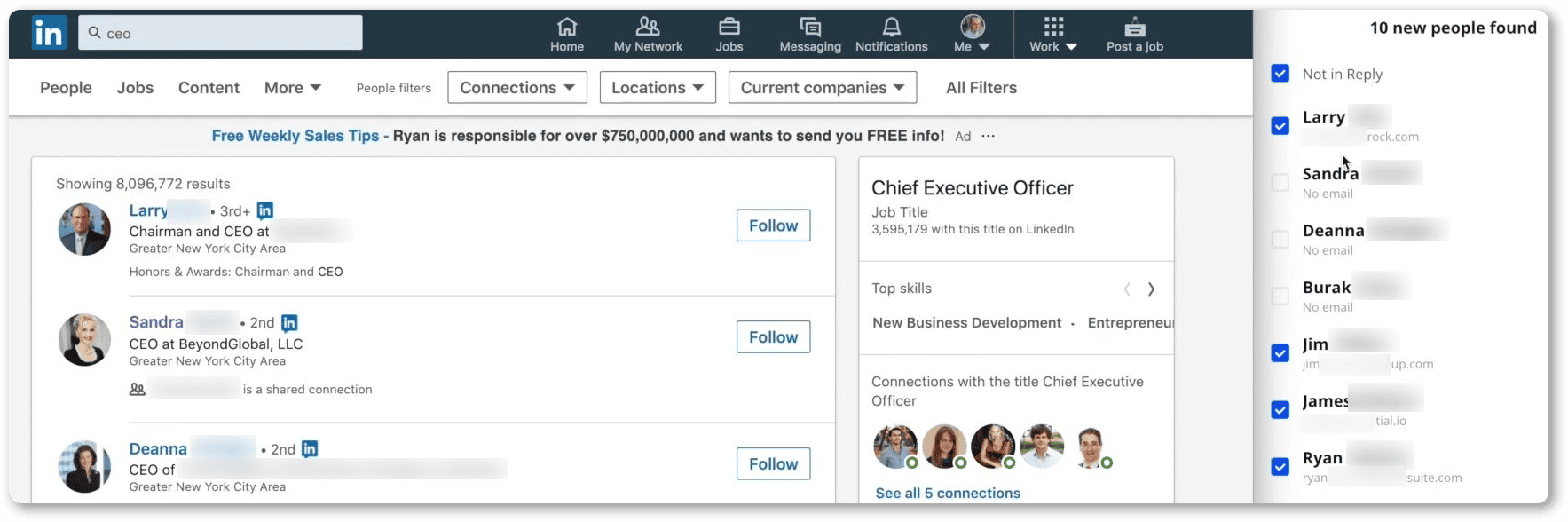 Recherche de dirigeants sur LinkedIn avec Reply.io affichant dix nouveaux profils, des contacts sélectionnés et la disponibilité de leurs adresses e-mail.