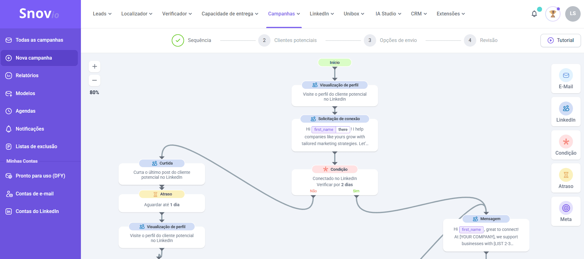 captura de tela mostrando campanhas automatizadas na Snov.io