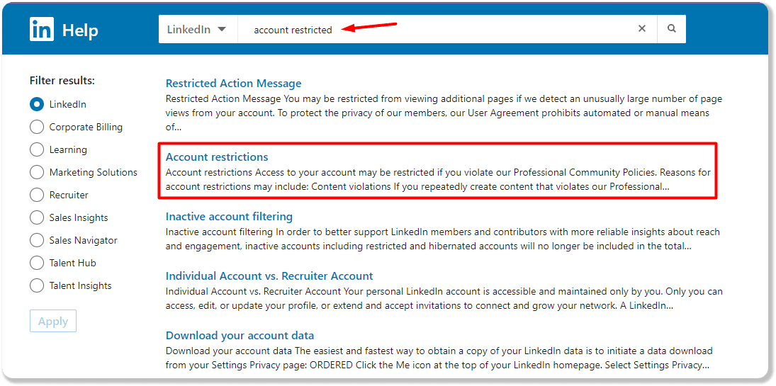 Captures d'écran d'articles du centre d'aide concernant les restrictions de compte LinkedIn