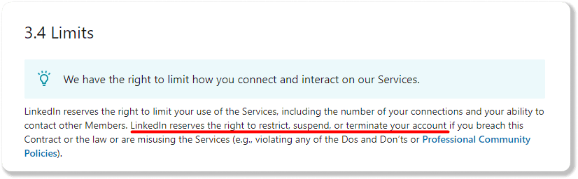 Capture d'écran du contrat d'utilisation concernant les restrictions et limites de LinkedIn