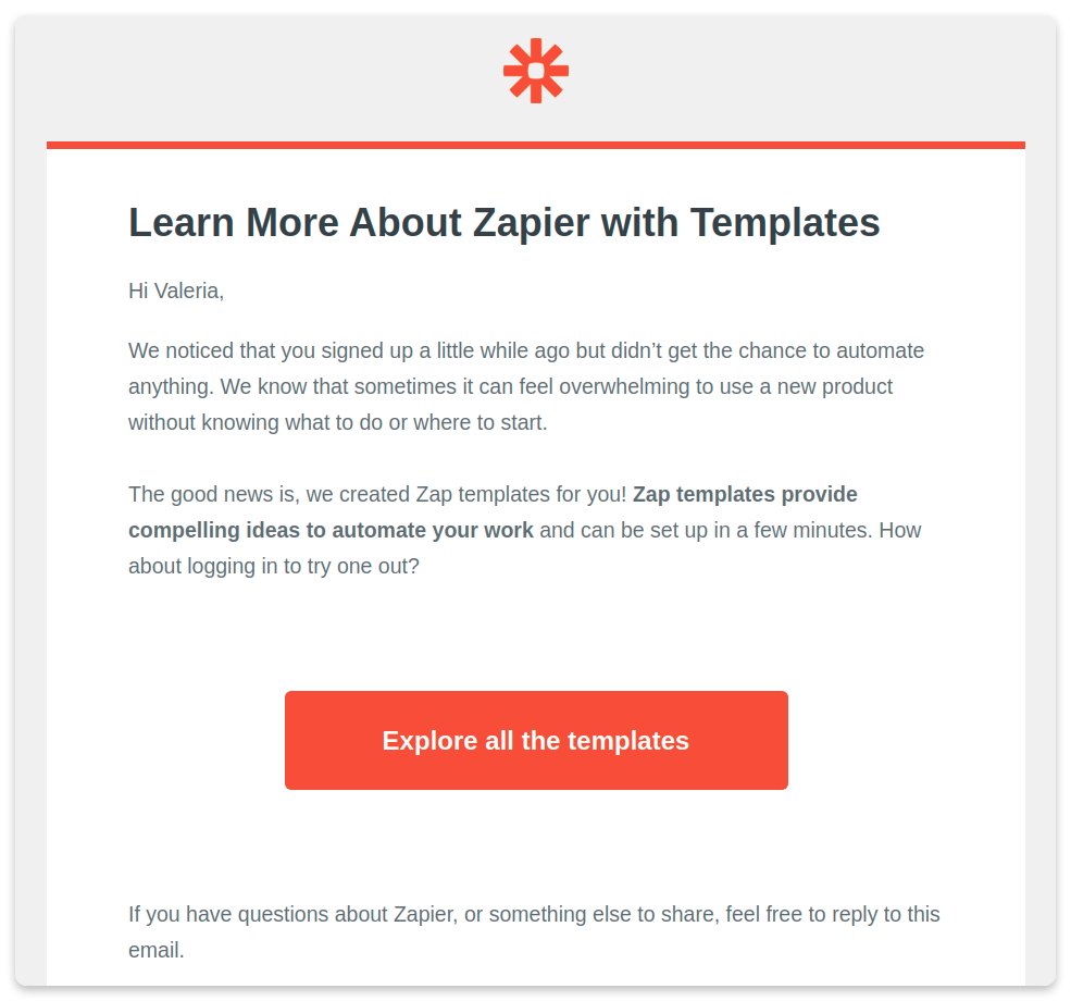 onboarding email example zapier