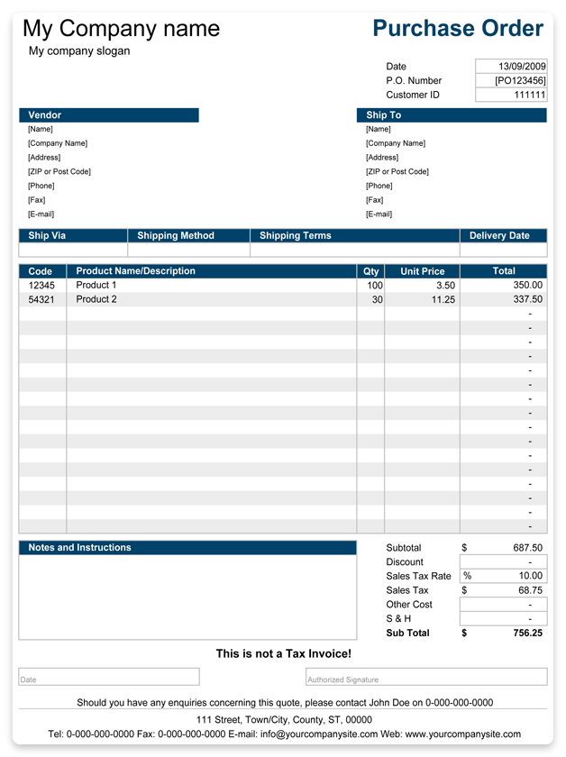 Purchase order form example