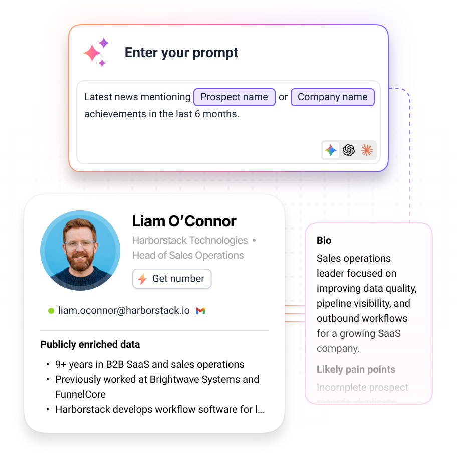 AI prompt for web search enrichment and an enriched prospect card with publicly available data