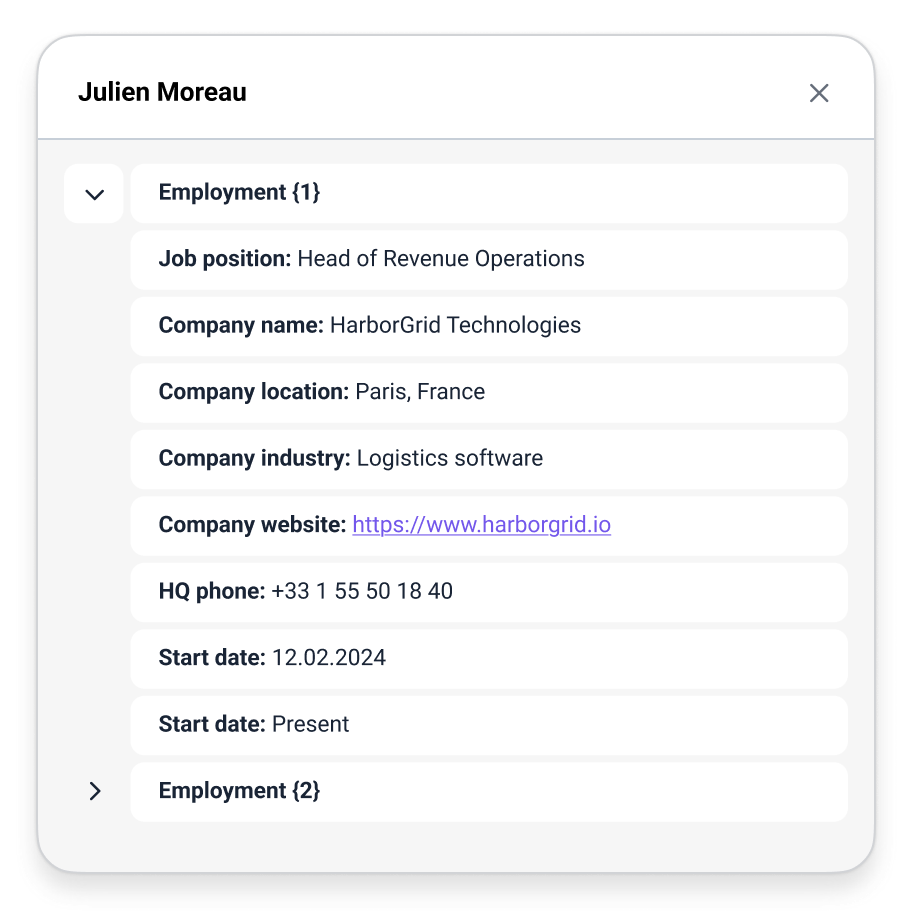 Prospect profile with employment details, company info, and website