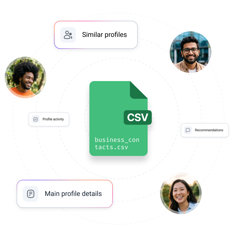 CSV file surrounded by prospect avatars and enrichment options