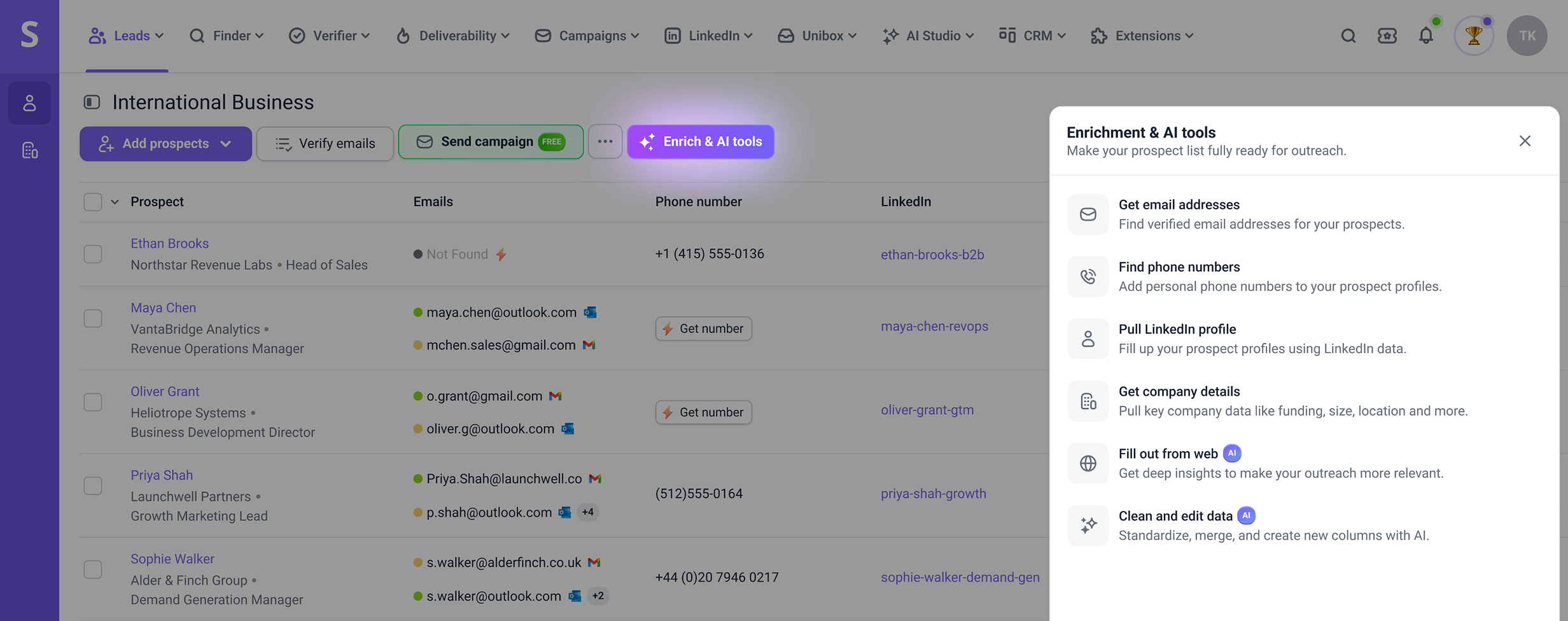 Snov.io prospect list with the Enrichment & AI tools panel