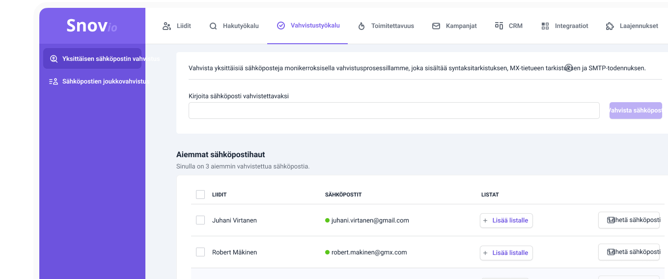 Tarkista yksittäiset sähköpostiosoitteet