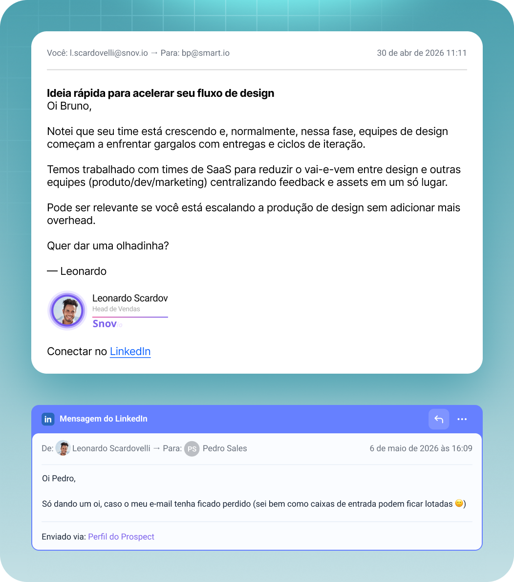 Unified inbox showing an email and a LinkedIn message side by side