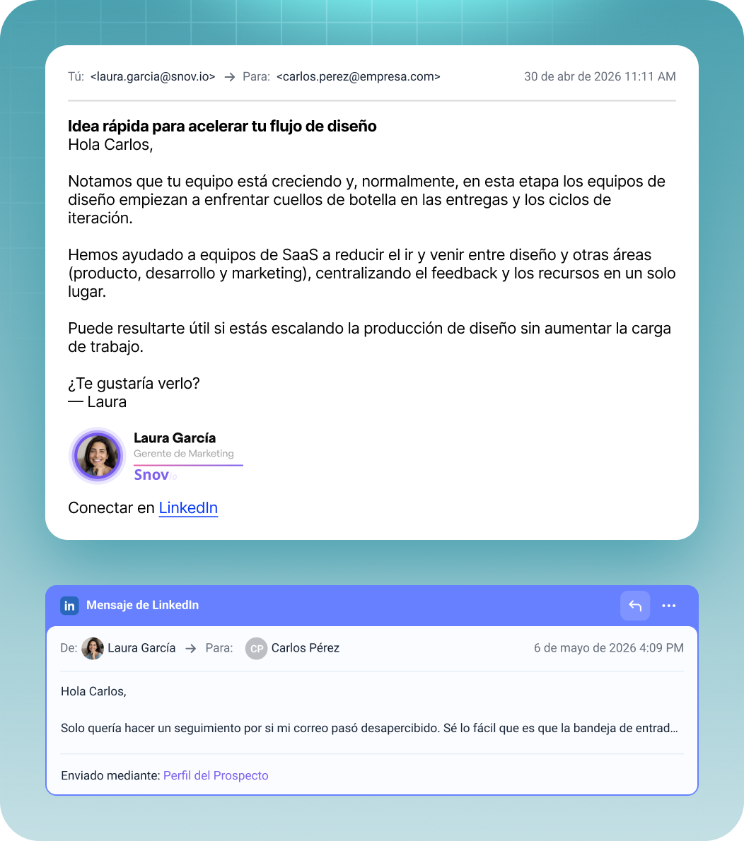 Unified inbox showing an email and a LinkedIn message side by side