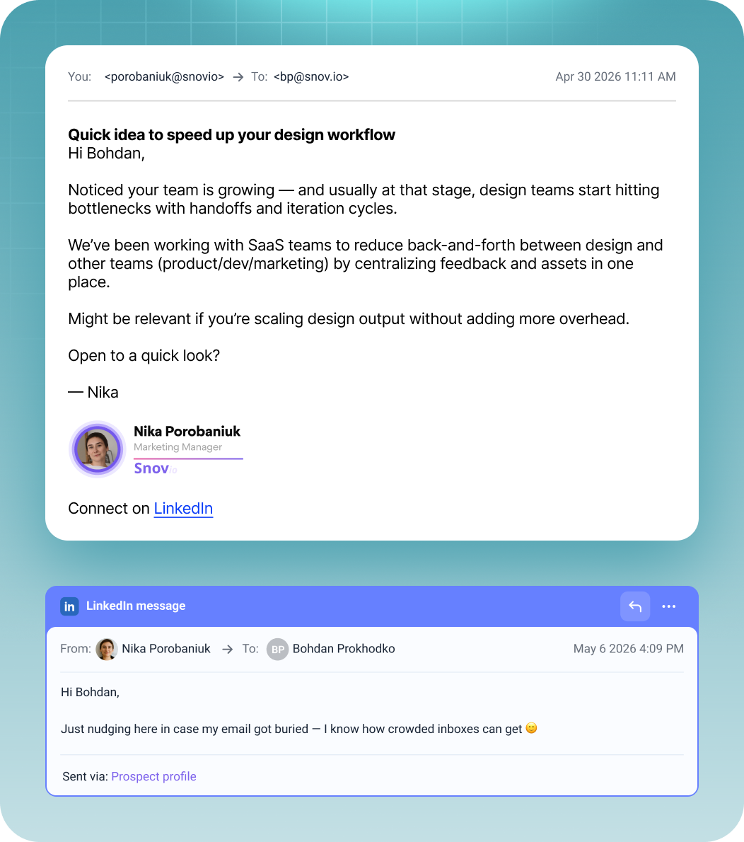 Unified inbox showing an email and a LinkedIn message side by side