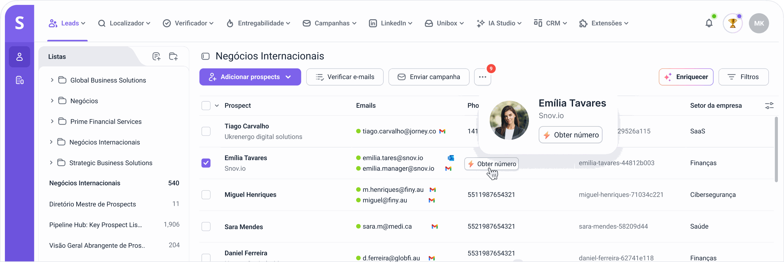 Snov.io Phone Number Finder dashboard with enriched prospect phone numbers