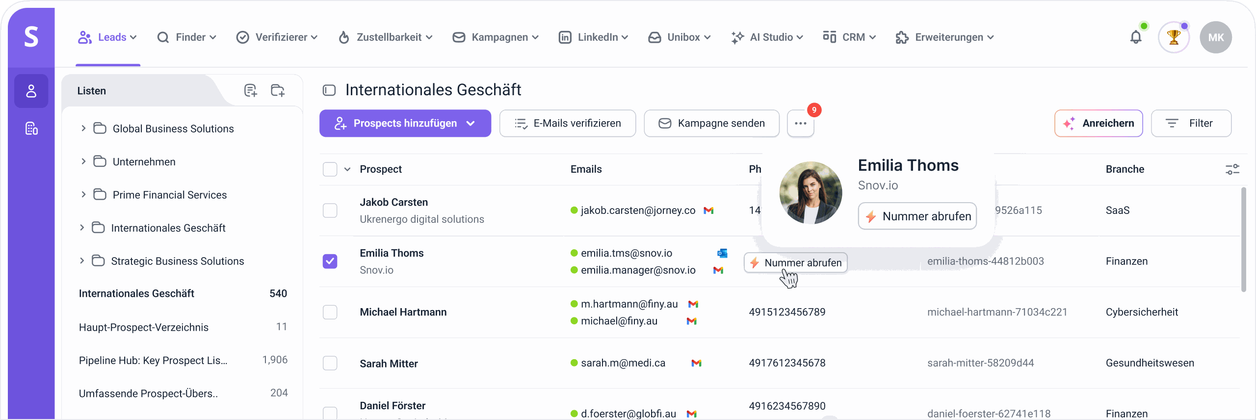 Snov.io Phone Number Finder dashboard with enriched prospect phone numbers