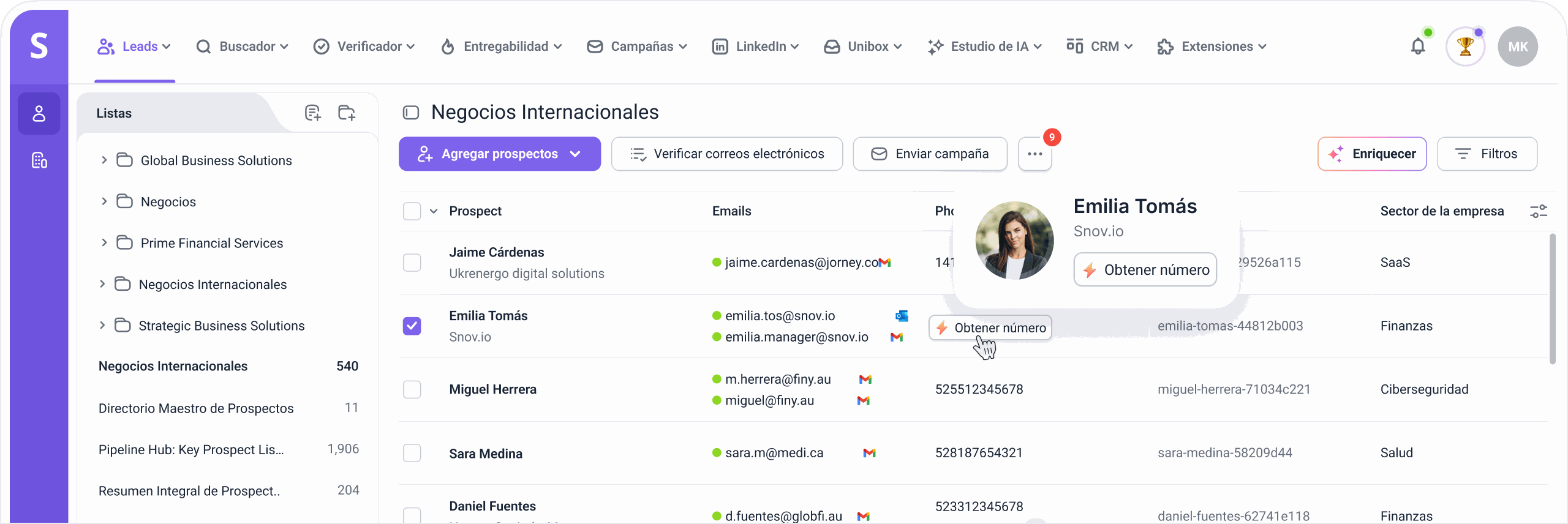 Snov.io Phone Number Finder dashboard with enriched prospect phone numbers