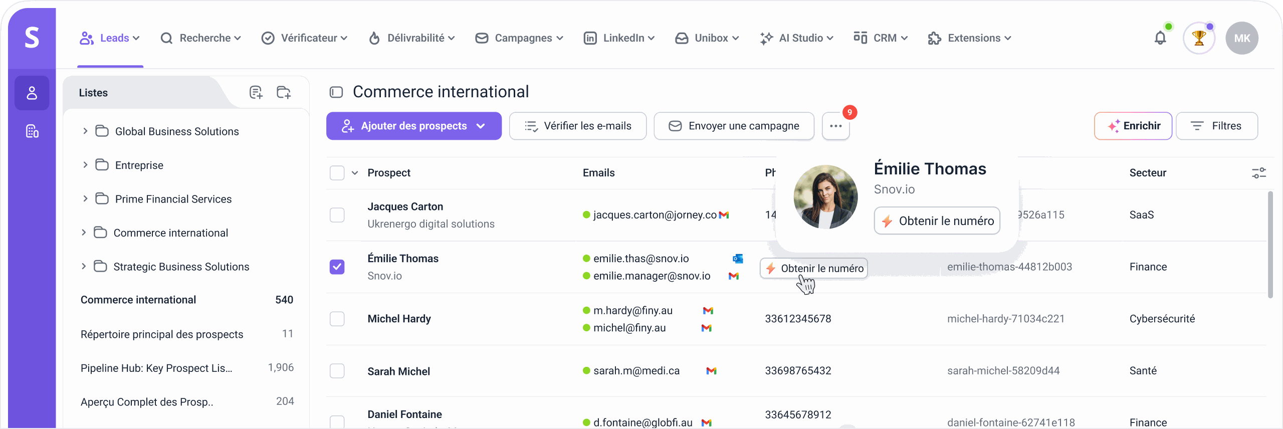 Snov.io Phone Number Finder dashboard with enriched prospect phone numbers