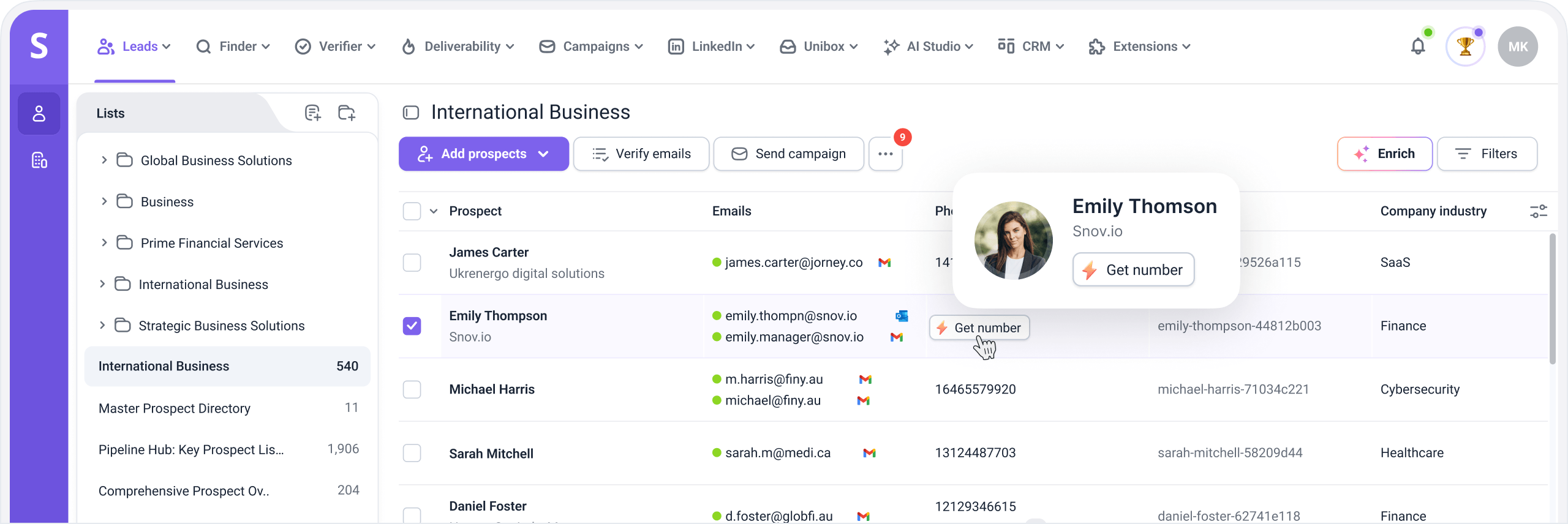 Snov.io Phone Number Finder dashboard with enriched prospect phone numbers