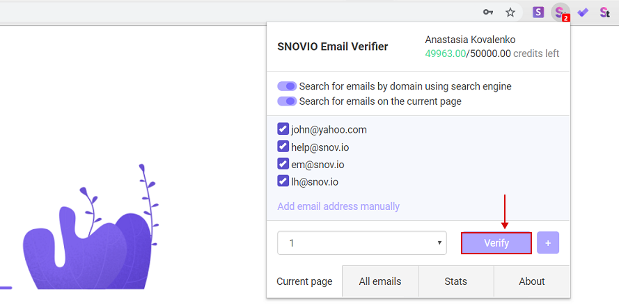 Como verificar endereços de e-mail por meio da extensão do Verificador de e-mails do Snov.io para Chrome