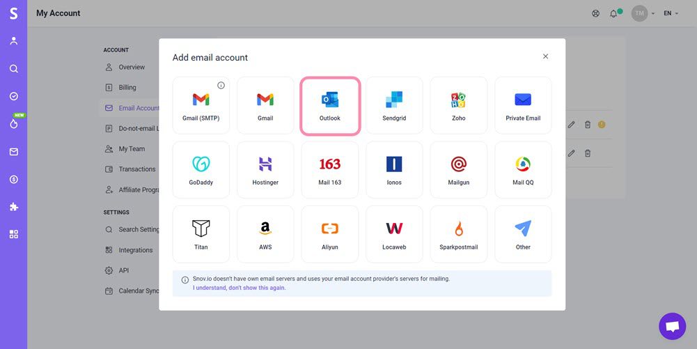 Snov.io How to connect Outlook/Exchange accounts to Snov.io