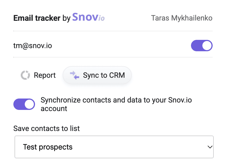 Sync to CRM tab with sync turned on and the Save contacts to list menu