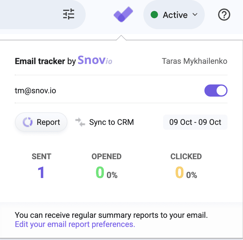 Snov.io Email Tracker popup in Gmail with the Report and Sync to CRM tabs