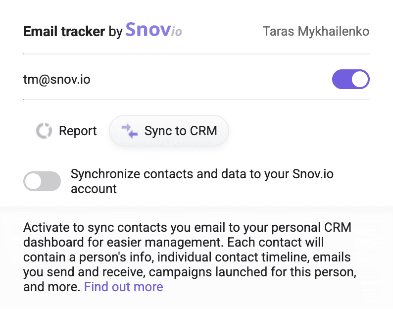 Sync to CRM tab with the Synchronize contacts and data to your Snov.io account toggle turned off