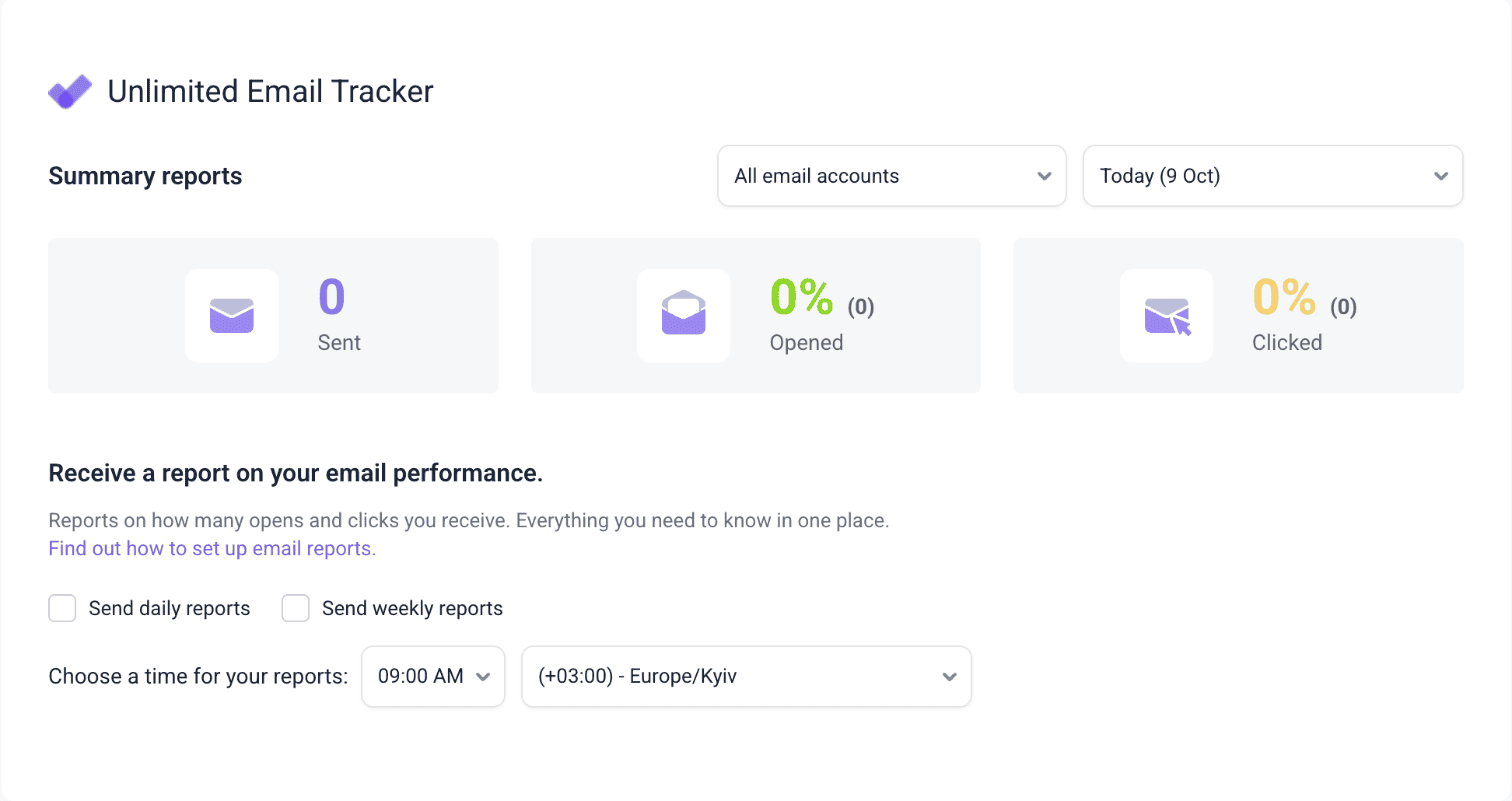 Summary reports page in Snov.io with Sent, Opened, and Clicked totals and report settings