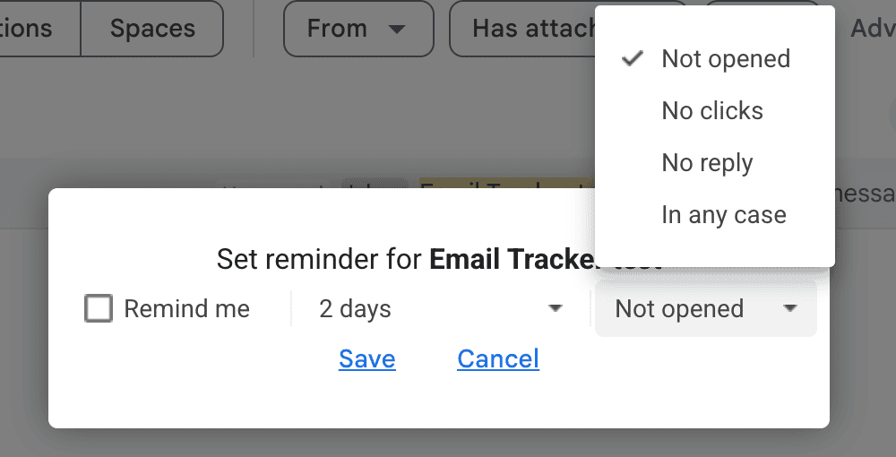 Reminder condition list with Not opened, No clicks, No reply, and In any case