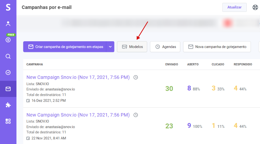 Como encontrar modelos de e-mail em português na Snov.io