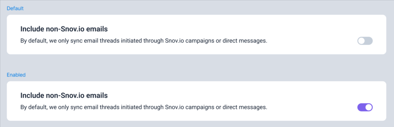 Comparação entre os estados "padrão" e "ativado" da configuração "Incluir e-mails não enviados pela Snov.io" na Unibox. A primeira metade mostra a opção desativada com botão cinza, enquanto a segunda mostra a mesma opção ativada com botão roxo.