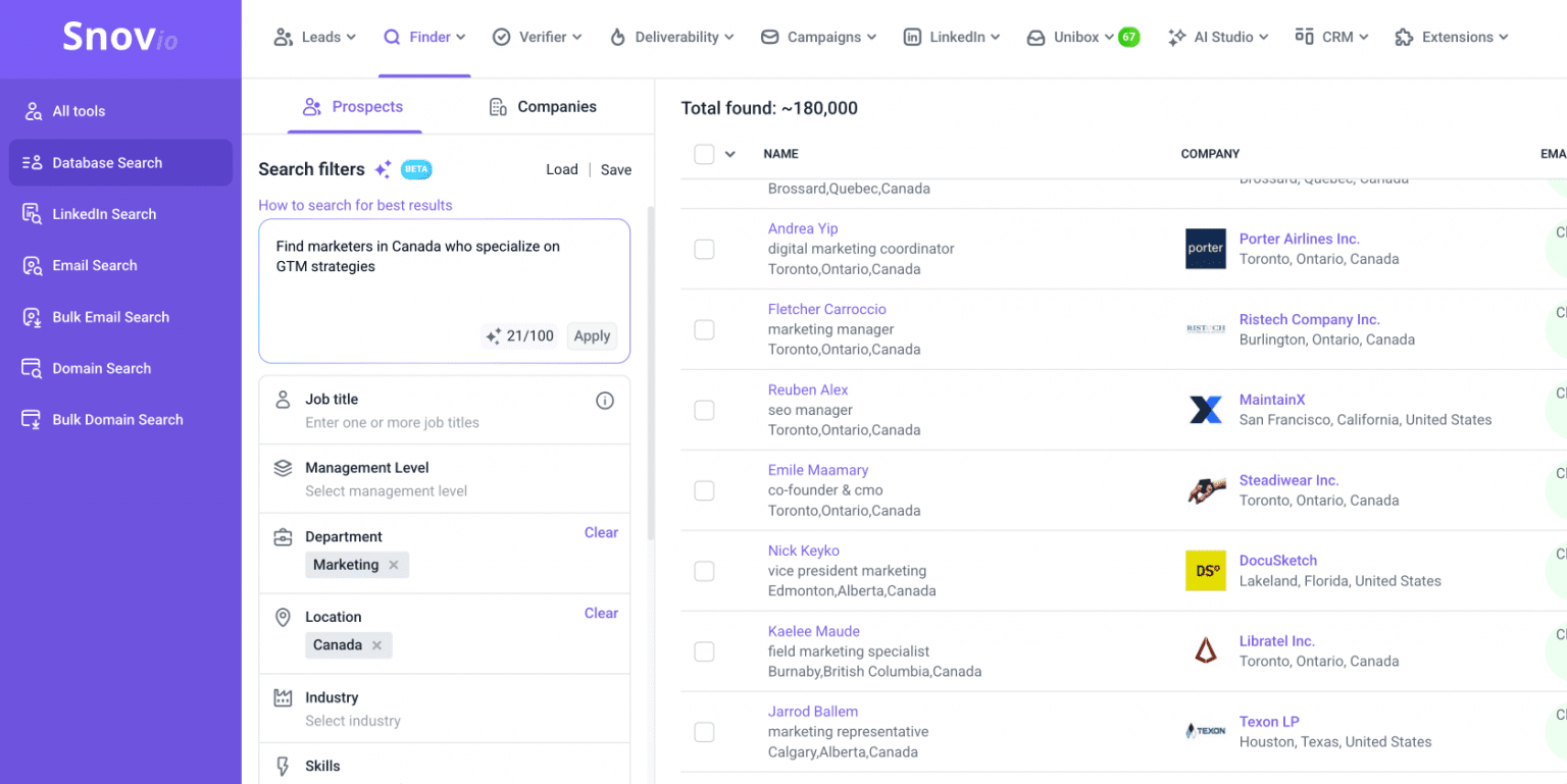 Database Finder Snov.io - How to build a prospect list with Database Search