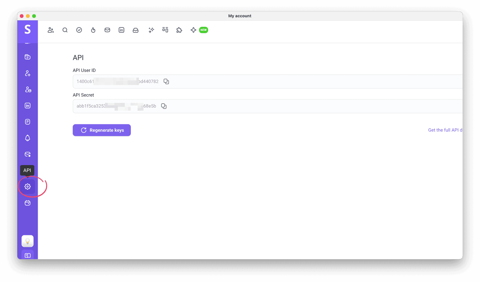API tab in Account settings with API User ID and API Secret