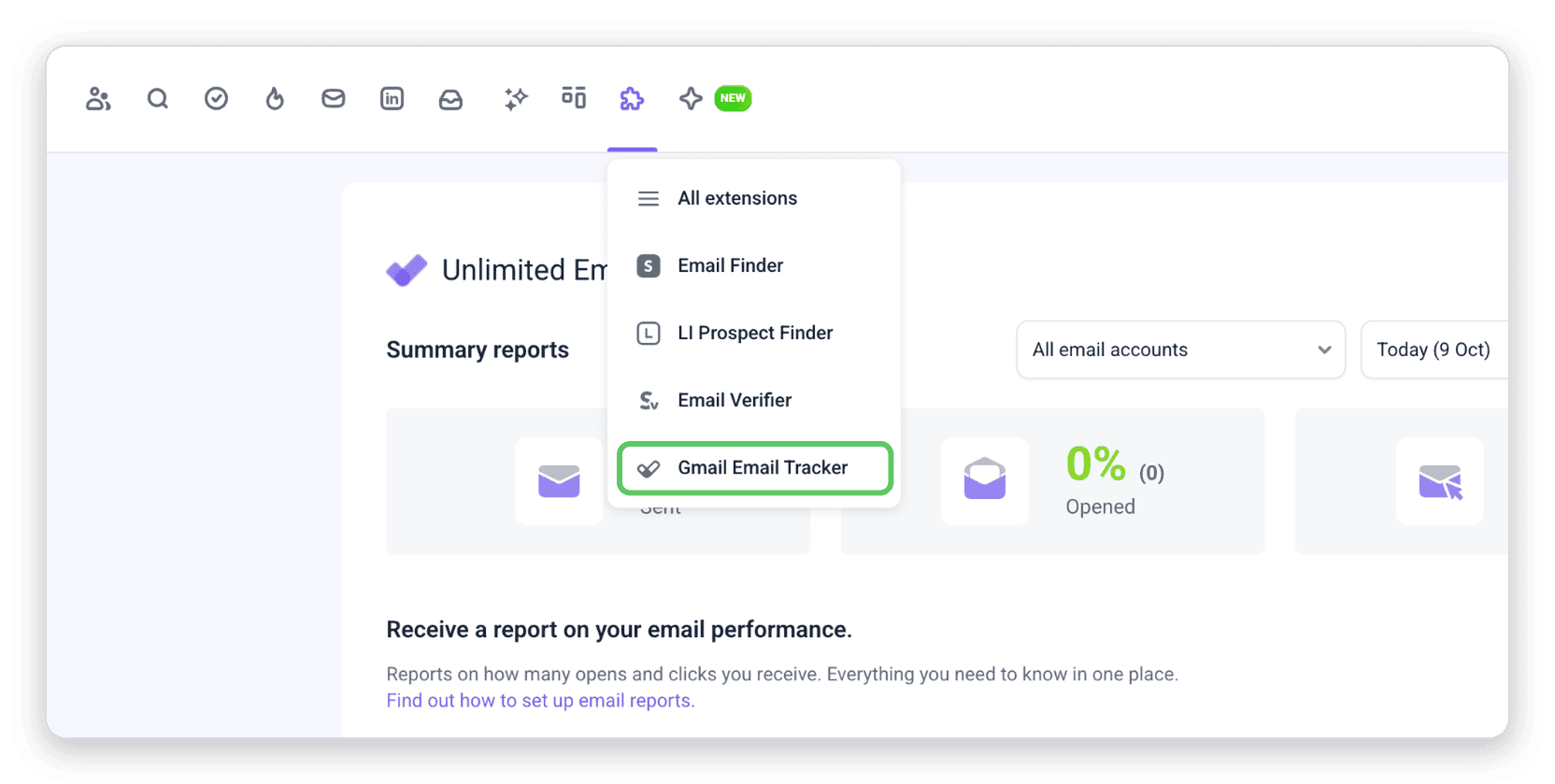Gmail Email Tracker option in the Extensions menu of Snov.io