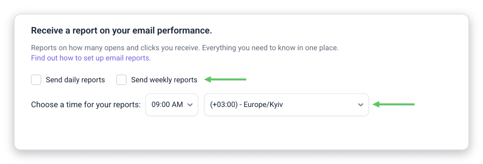 Report frequency, time, and time zone settings in Email Tracker