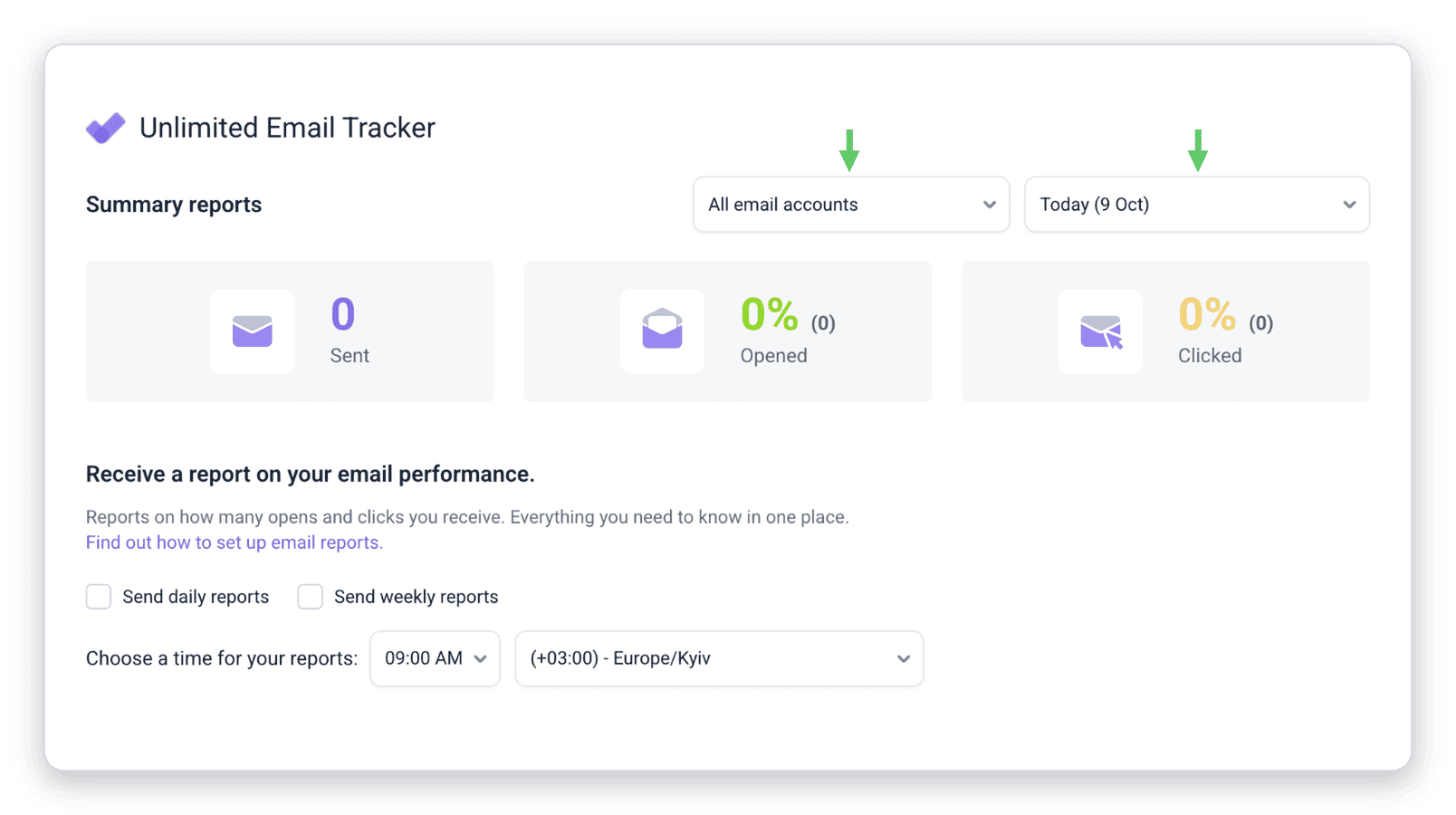 Email Tracker reports page with the account and date dropdowns