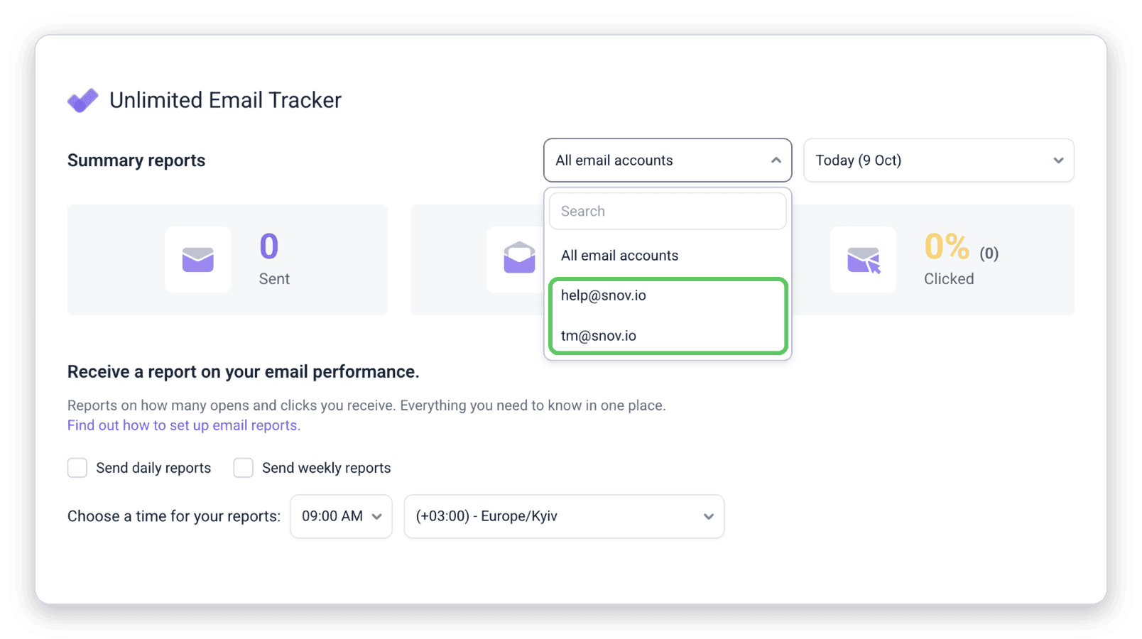 Email account dropdown on the Email Tracker reports page