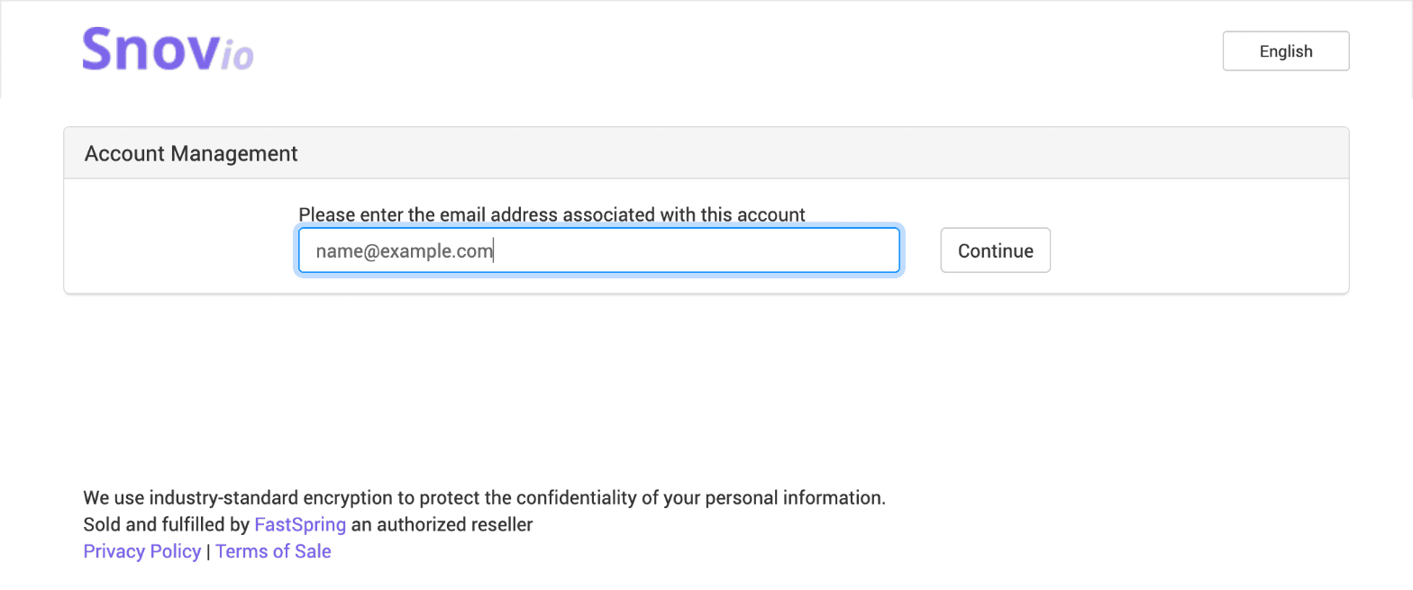 Purchase email entered in the FastSpring portal with the Continue button