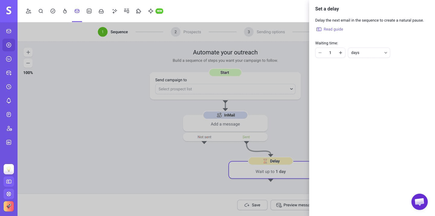 Set a delay panel in a Snov.io LinkedIn sequence with the waiting time set to 1 day