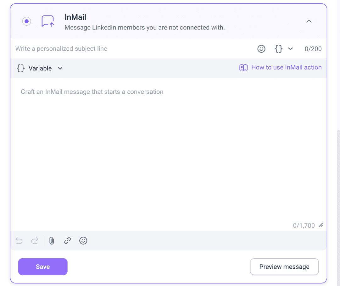 InMail action editor in Snov.io with a subject line, variables, message body and attachment button