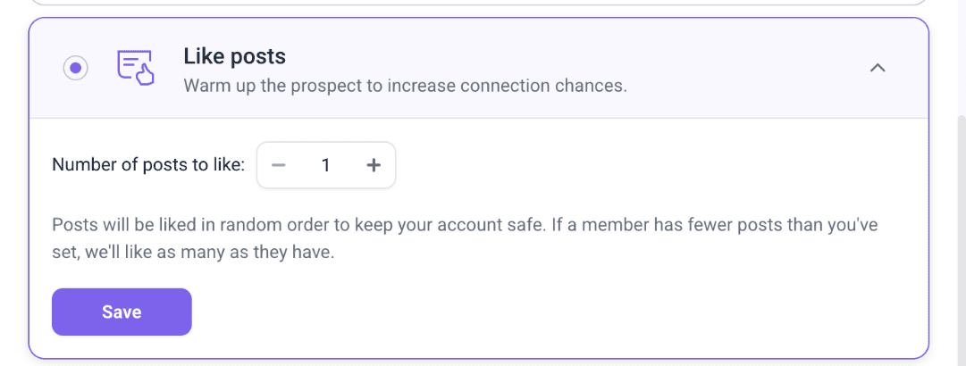 Like posts action settings in Snov.io with the Number of posts to like field