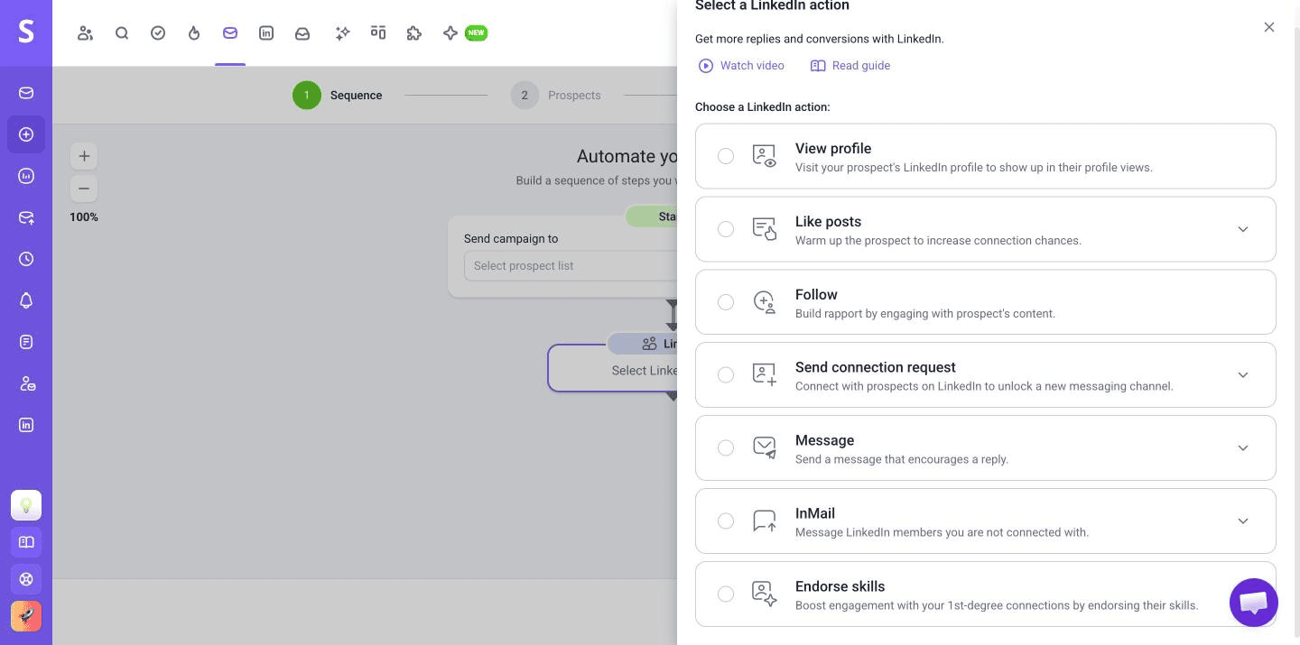 Select a LinkedIn action panel in the Snov.io campaign builder listing View profile, Like posts, Follow, Send connection request, Message, InMail and Endorse skills