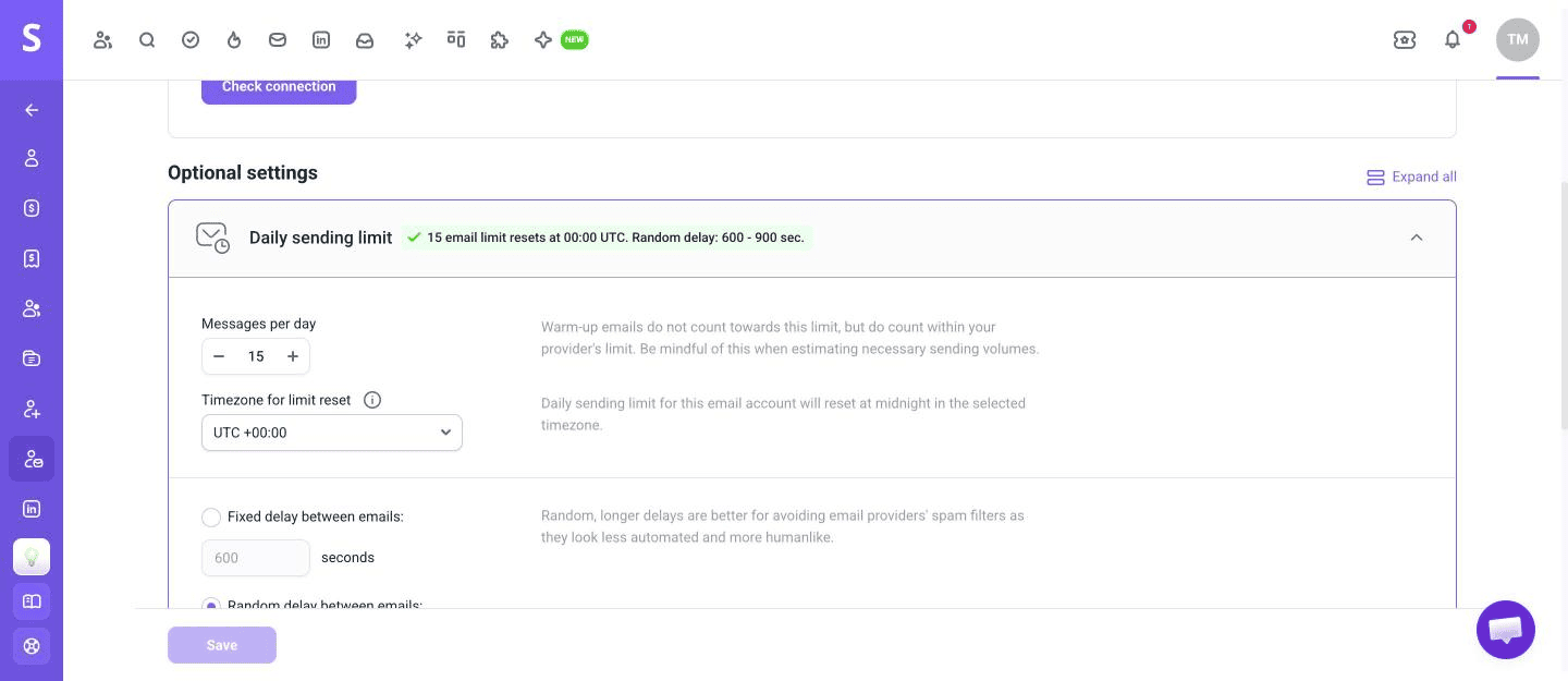 Daily sending limit settings of an email account