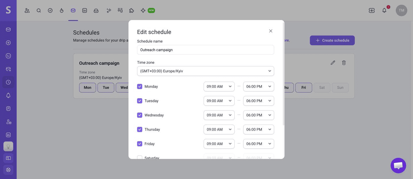Campaign schedule with time zone and active hours