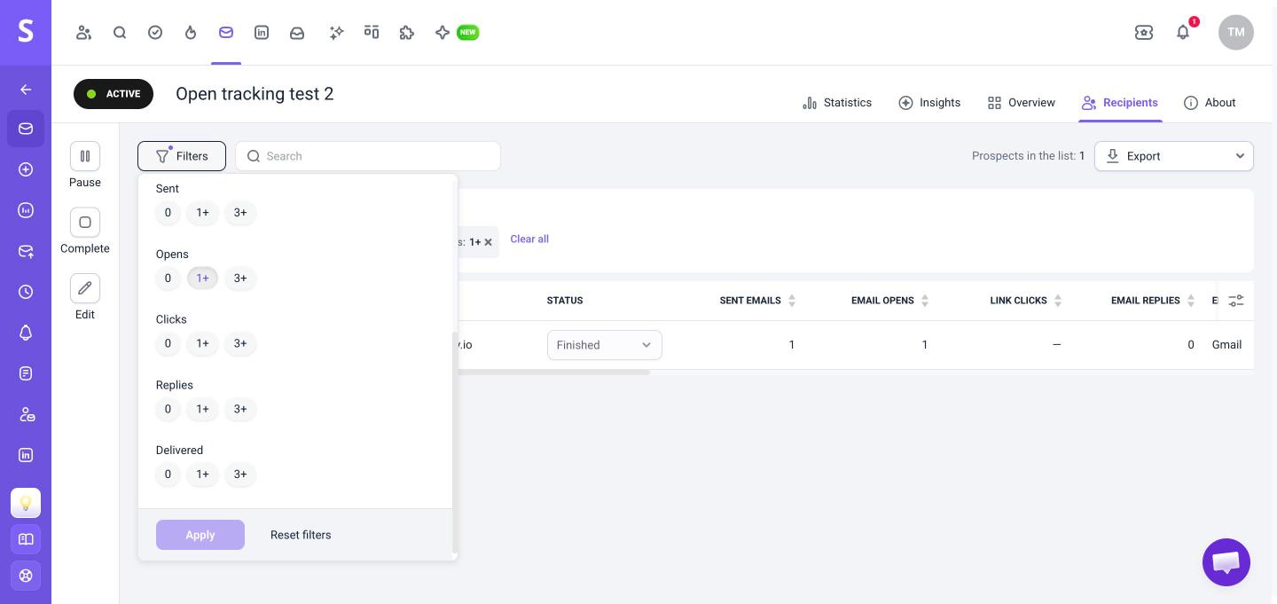 Opens filter in the Filters panel on the Recipients tab