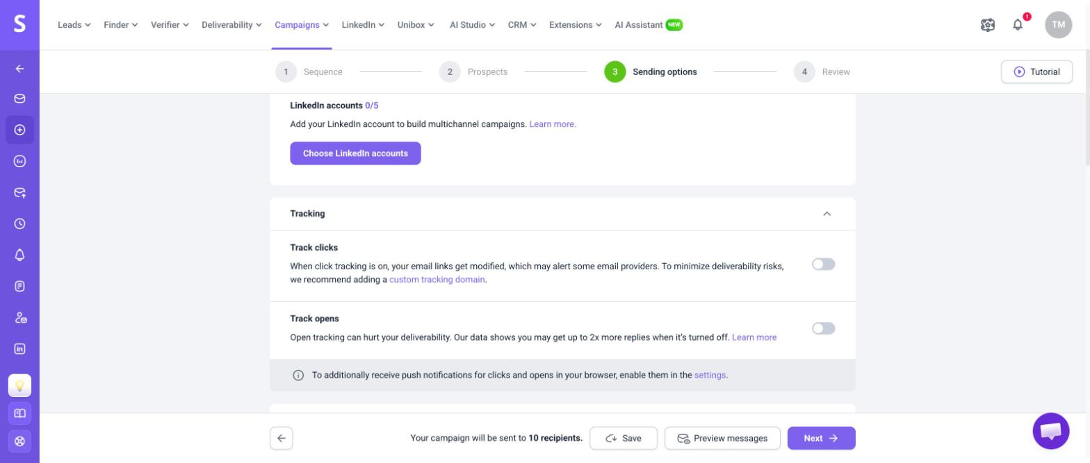 Track opens and Track clicks toggles in the Tracking section of campaign Sending options