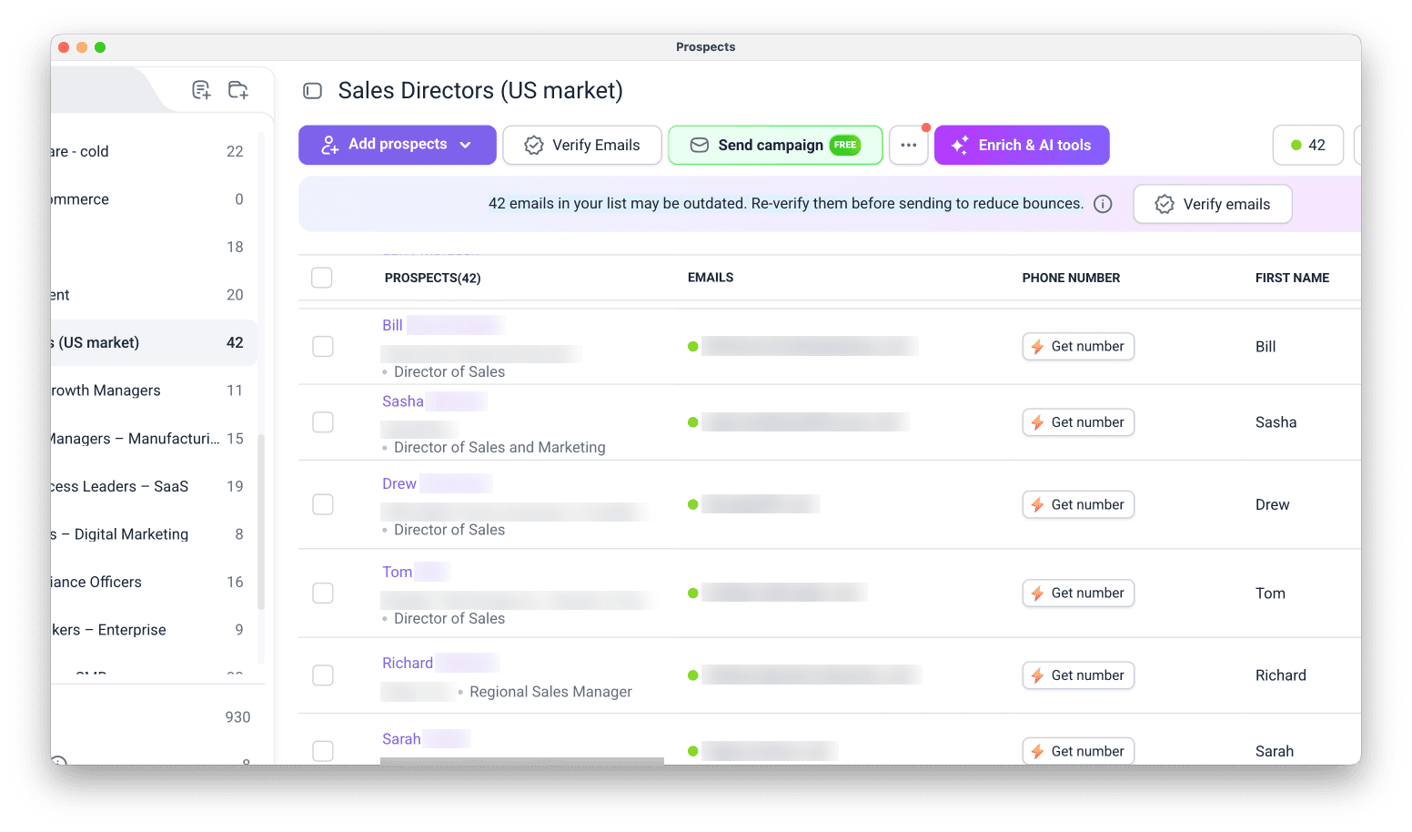 Prospect list with a banner warning that 42 emails may be outdated and a Verify emails button