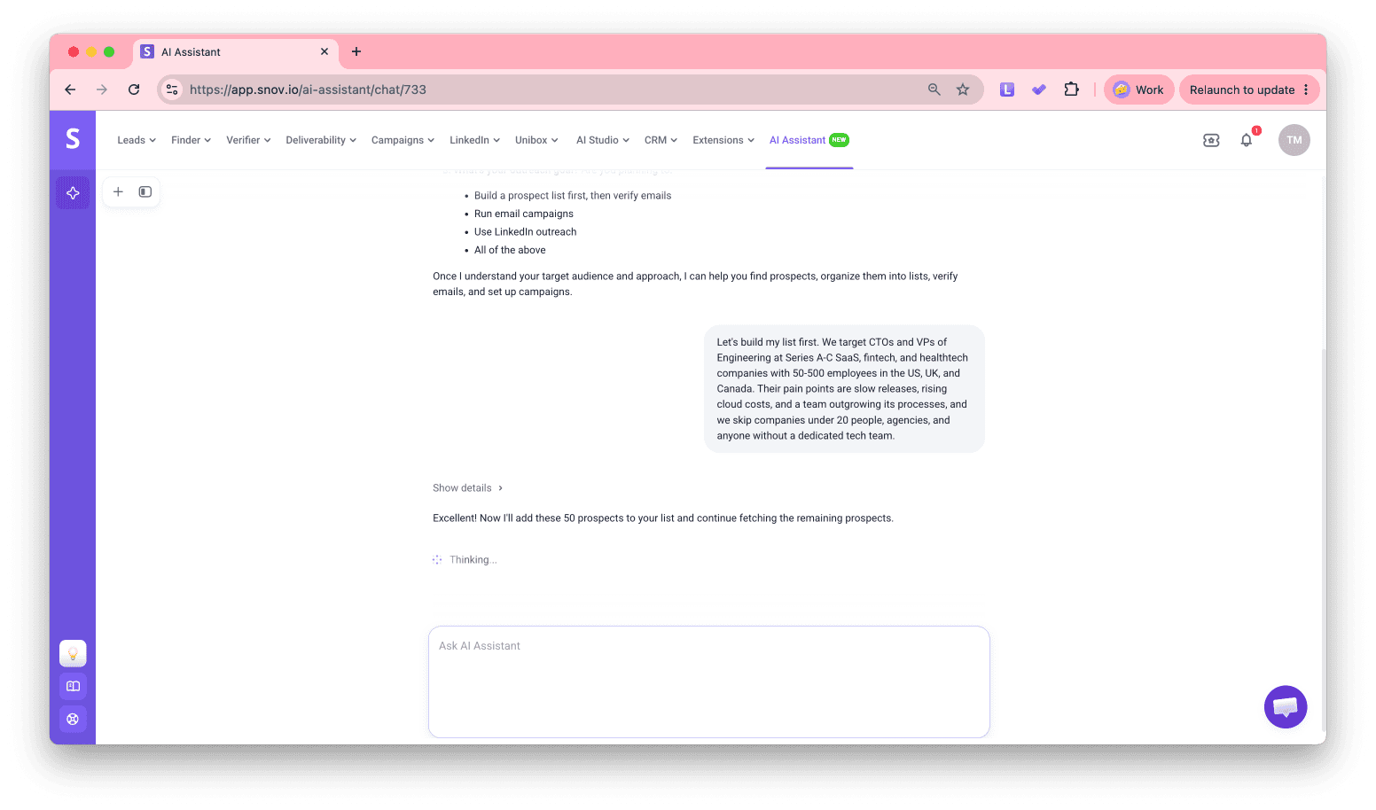 AI Assistant working on a prospect search request