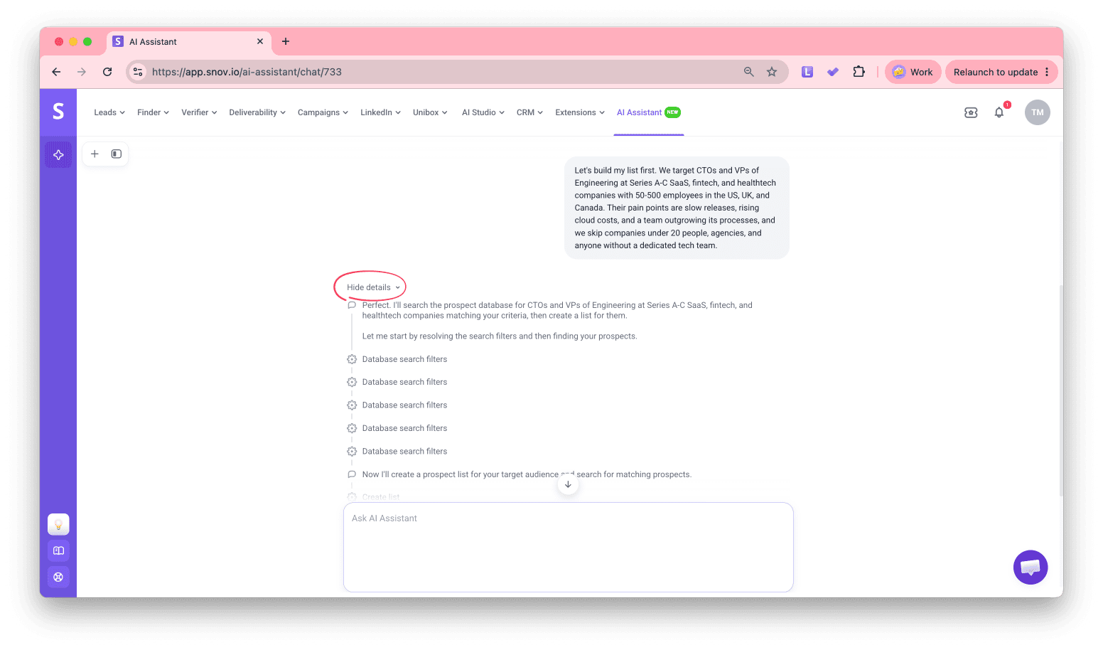 Expanded task details with the Hide details link