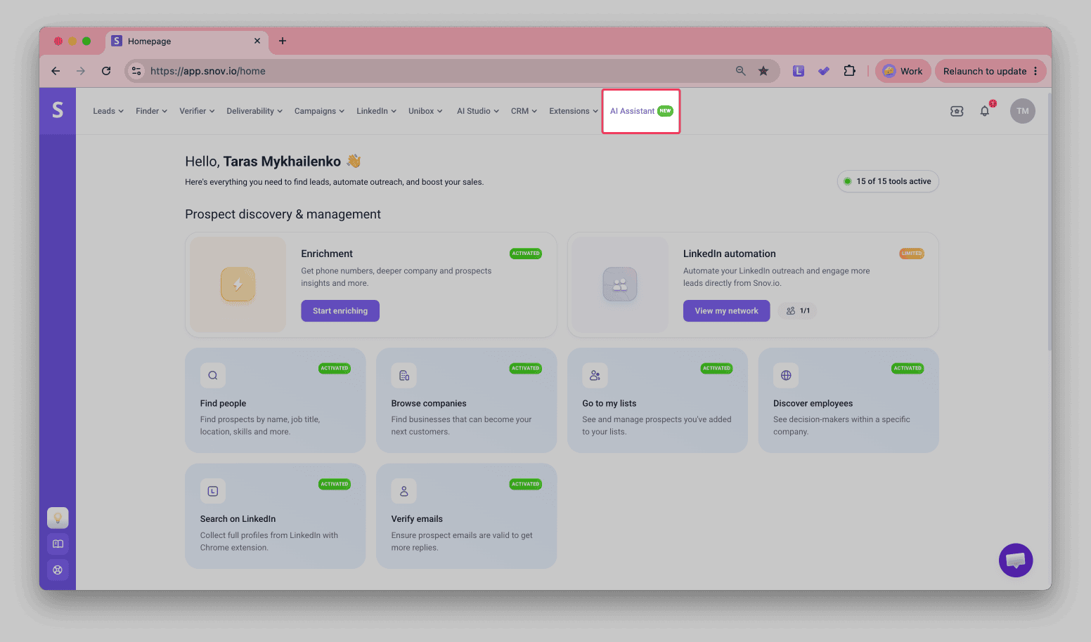 Snov.io homepage with AI Assistant highlighted in the top menu